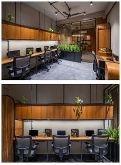 two pictures of an office with desks and plants in the middle one is empty