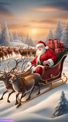 santa claus riding in his sleigh with reindeers and presents on the back