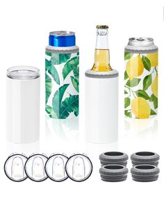 the bottles are next to each other with different lids and rings around them, as well as several smaller ones