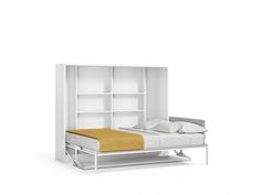 a bed with a bookcase built into the side of it, and a yellow blanket on top