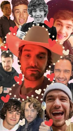 one direction collage with hearts and other people in the background, including two men wearing hats