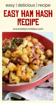 an easy ham hash recipe in a red bowl