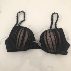 Very French, Very Chic, Very Sexy! Features Ruched, Dotted Mesh Overlay On Cups With Delicte Lace On Stretch Comfort Straps, And Sweet Pink Mesh Bow At Center. Padded At Bottom Of Cups For Uplift. Adjustable Straps, Double Hook Back Closure.