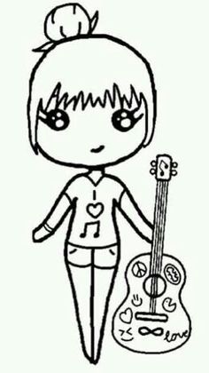 a drawing of a girl holding a guitar and wearing a t - shirt that says i love you