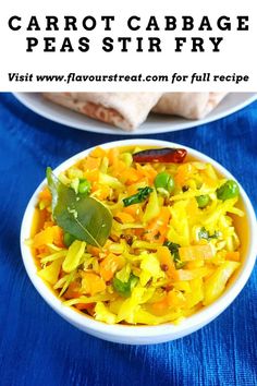 carrot cabbage peas stir fry in a white bowl on a blue tablecloth with text overlay