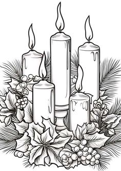 three lit candles surrounded by holly leaves and berries on a white background with pine cones