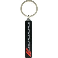 a black and red keychain with the word dodge on it's side