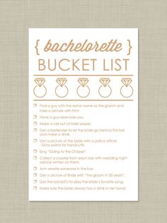 a printable bachelor bucket list with rings and diamonds on the front, in gold