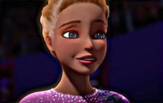 a cartoon character with blue eyes and blonde hair wearing a purple dress, looking at the camera