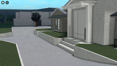 a 3d rendering of a house with steps leading up to the front door and side entrance