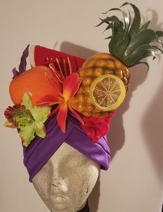 Carmen mirands, Turban, Fruit turban, Faux fruit, Faux fruit turban, Pineapple, Tiki oasis, Halloween, Halloween costume Carmen miranda is one of my idols. I look up to her so much. Such a talented woman if you can look up her video's on youtube, Total babe Insipired to make faux fruit headpieces This one is my favorite Pick your turban color I have a bunch of different colors If you have a small head. Measure it and I can hand sew a smaller turban Fruit will differ depending on stock Head Dress Diy, Tiki Halloween, Tiki Oasis, Fascinator Hats Diy, Costume Making, Foam Head, Flamingo Beach, Carmen Miranda, Hat Types