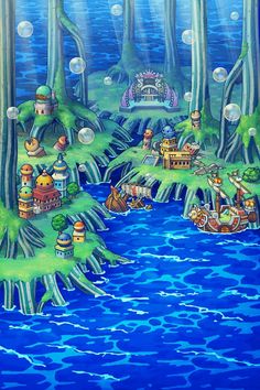 an image of a fantasy land with lots of trees and houses in the middle of it