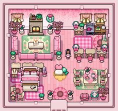 the floor plan for an apartment in animal crossing city, which is decorated with pink furniture and