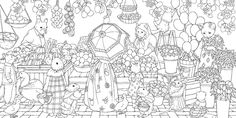 a black and white drawing of flowers in vases, potted plants and teddy bears