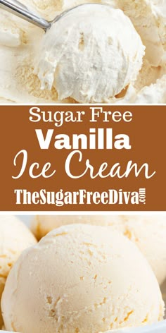 two scoops of vanilla ice cream in a white bowl with text overlay that reads sugar free vanilla ice cream