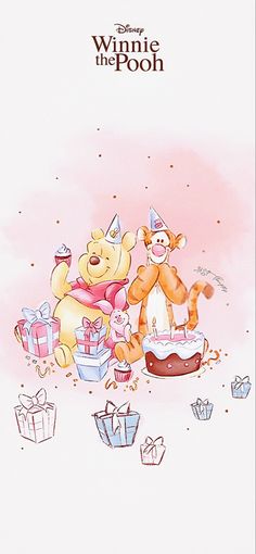 a winnie the pooh birthday card with two teddy bears and presents on top of it