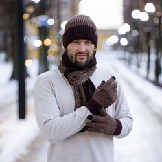 Brown  Men's Winter Knit Hat Beanie Scarf Touchscreen Gloves Set Fleece Lined - Perfect Christmas Gift for Him Men Hat And Scarf And Glove Set, Winter Hats Men, Beanie Scarf, Christmas Gift For Him, Winter Knit Hats, Winter Outfits Men, Christmas Gifts For Him, Hat Beanie, Touch Screen Gloves