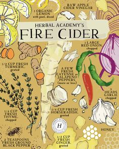 a poster with the words fire cider written in different languages and vegetables on it