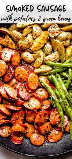 a skillet filled with potatoes and green beans