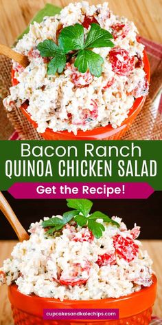 bacon ranch quinoa chicken salad in an orange bowl with the title above it