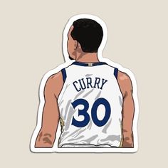 the back of a basketball player's white jersey with blue lettering on it, and an inscription that reads curry 30