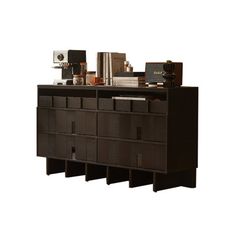 a black cabinet with many drawers and books on it's sides, in front of a white background