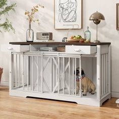 a dog sitting in front of a white cabinet