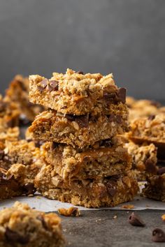 chocolate chip granola bars stacked on top of each other