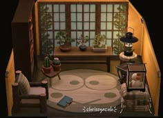 a living room filled with furniture and potted plants on top of a rug in front of a window