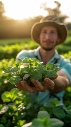 a man in a hat is holding some plants