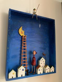 a painting of a man standing on a ladder reaching for the moon above small houses