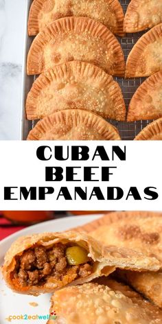 Two images of the empanadas. The top image they are set on a baking sheet, the bottom image is a close-up of one cut in half. Between the pictures is a white graphic with Cuban beef empanadas in black letters. Cuban Beef Empanadas Recipe, Cuban Empanadas Recipe, Mexican Empanadas, Cuban Beef, Beef Empanadas Recipe, Picadillo Recipe, Cuban Dishes