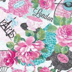 a pink and blue flowered fabric with the word london on it