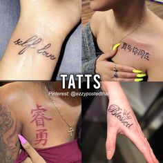 four different tattoos on women's arms and chest, with the words tattoo written across them