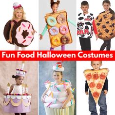 some kids are dressed up in costumes and eating doughnuts, pizza, and donuts