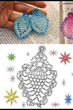 crochet christmas ornaments are shown on top of an open book, and in the middle