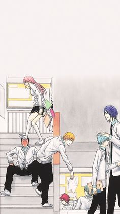 an anime scene with several people standing on the stairs and one person falling off his knees