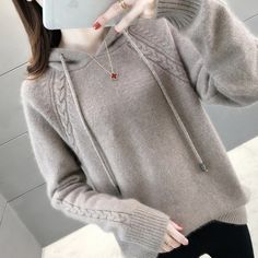 Fashion Pullover Sweater Women Fall Loose Knitted Hooded Long Sleeve Jumper Female Thick Solid Ladies Sweater Casual Tops Winter Knit Hoodie Sweater, Gray Knit Hoodie For Winter, Gray Knitted Long Sleeve Hoodie, Winter Knitted Long Sleeve Hoodie, Knitted Long Sleeve Winter Hoodie, Hooded Knitted Sweater For Winter, Winter Hooded Knitted Sweater, Knitted Hoodie Sweater For Cold Weather, Winter Soft Knit Hoodie