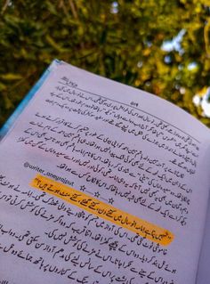 an open book with arabic writing on the pages and trees in the backround