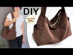 a woman holding a brown purse next to a white wall with the words diy on it