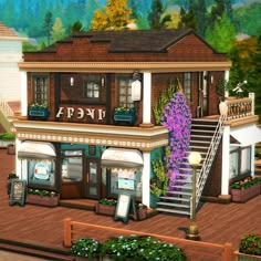 an animated image of a building with flowers on the front and stairs leading up to it