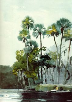 an oil painting of palm trees on the water with a boat in the foreground