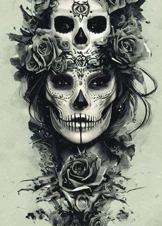 a drawing of a woman's face with roses in her hair and skull makeup