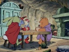 two pooh bears sitting at a table with another winnie the pooh in front of them