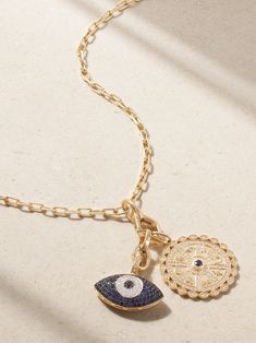 Find SYDNEY EVAN Evil Eye + Sundial 14-karat Gold, Diamond And Sapphire Necklace on Editorialist. Sydney Evan's designs are rooted is symbolism, as proven with this necklace. Made from 14-karat gold, it's strung with a sapphire-encrusted 'Evil Eye' charm alongside a 'Sundial' that's dusted with diamonds and a variety of the label's signature 'Icon' motifs like a horseshoe, Hamsa hand, and elephant. Remove one or both of the pendants, depending on your mood. Diamond And Sapphire Necklace, Sapphire Necklace Gold, Resort Jewelry, Jewelry Styling, Flat Dress Shoes, Luxe Jewelry, Sydney Evan, Enamel Necklaces, Boho Luxe