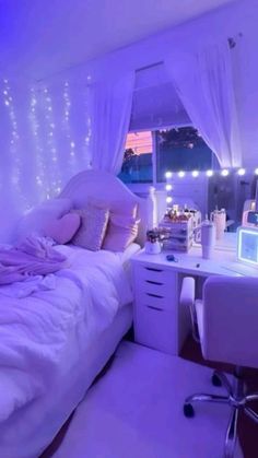 a bed room with a neatly made bed and purple lights on the wall above it