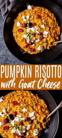 pumpkin risotto with goat cheese and cranberries in a black bowl on a table