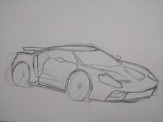 a pencil drawing of a sports car on a white paper with black lines in the background