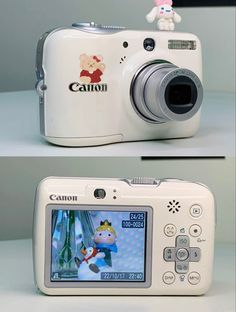 the camera is white and has a cartoon character on it