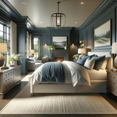 a bedroom with blue walls and white bedding